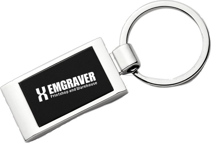 Custom metal keyring with logo engraved in white on the black plate